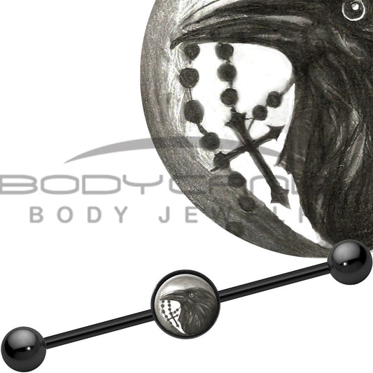 14G Black Anodized Halloween Raven Rosary Industrial Barbell 37mm