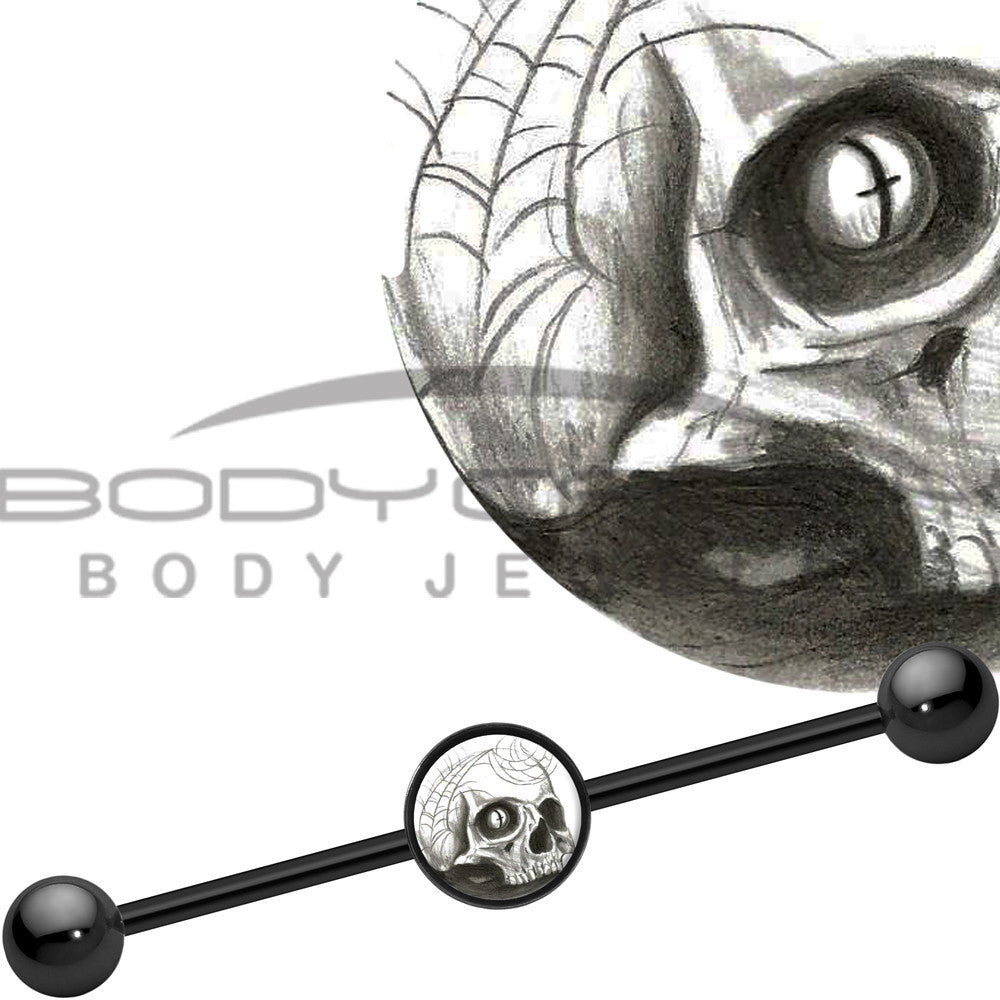14G Black Anodized Halloween Webbed Skull Industrial Barbell 37mm