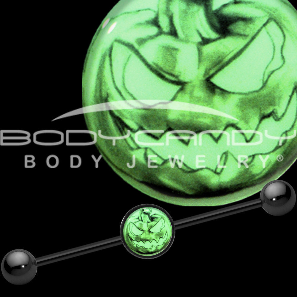 14G Black Glow in the Dark Jack O Lantern Industrial Barbell 37mm