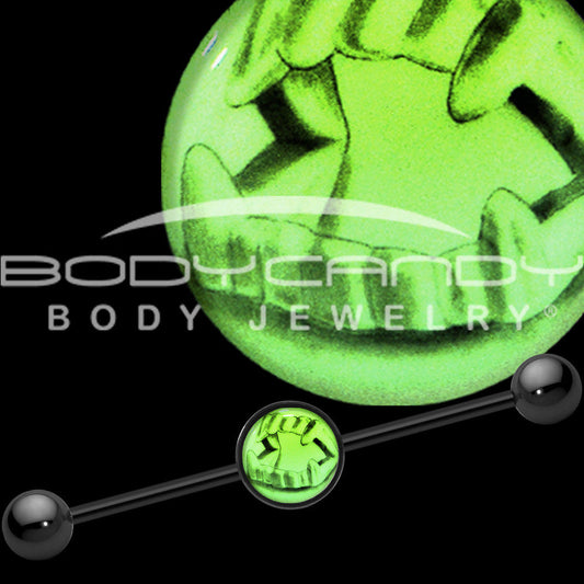 14G Black Glow in the Dark Fearsome Fangs Industrial Barbell 37mm