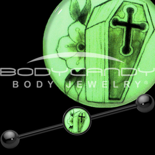 14G Black Glow in the Dark Coffin Flower Industrial Barbell 37mm