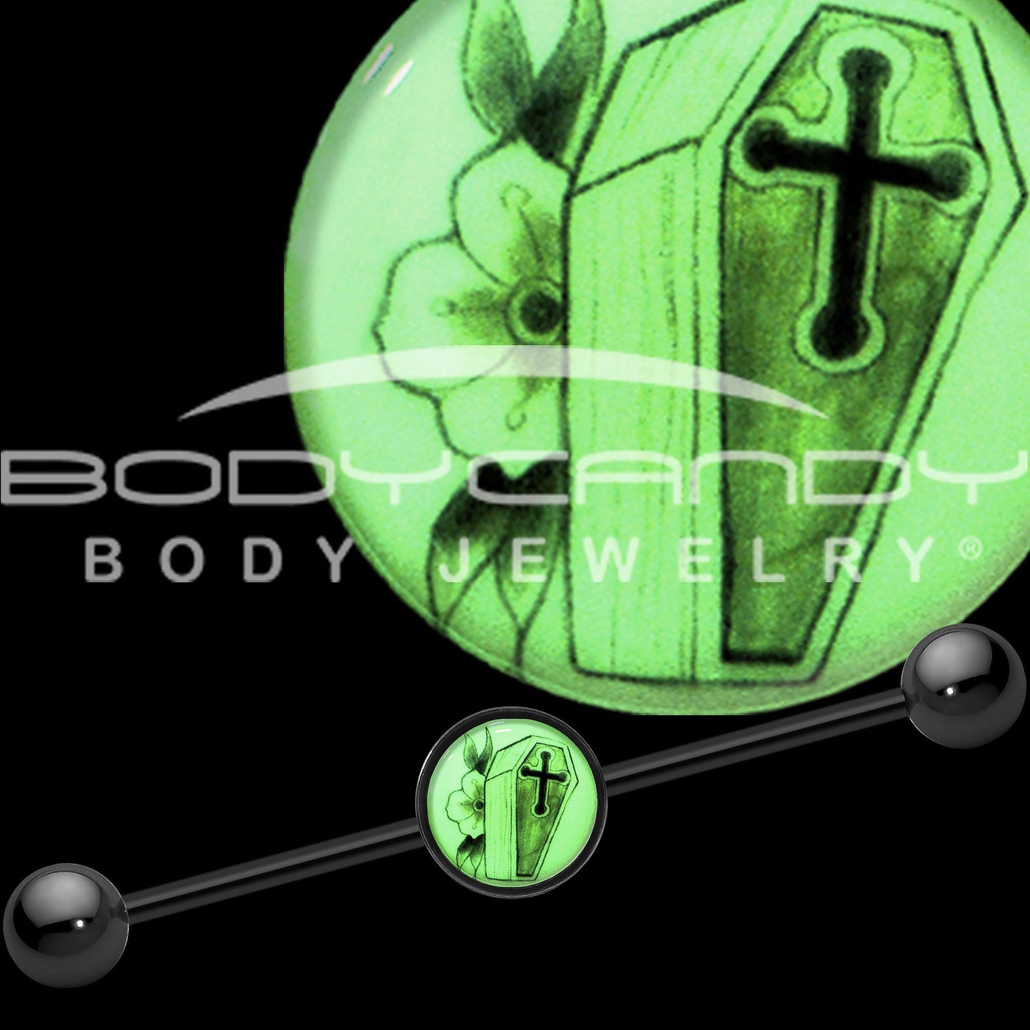 14G Black Glow in the Dark Coffin Flower Industrial Barbell 37mm