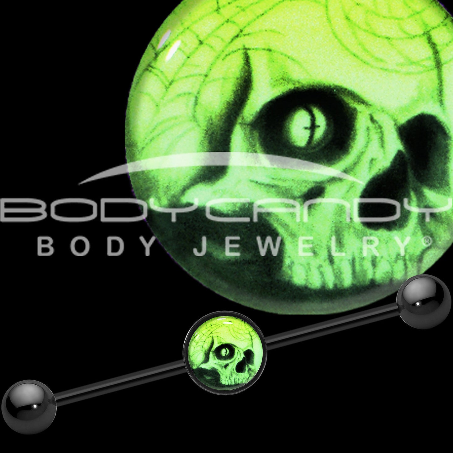 14G Black Glow in the Dark Webbed Skull Industrial Barbell 37mm
