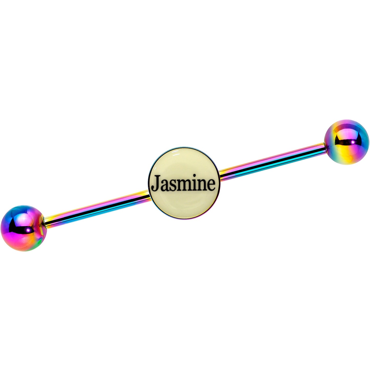 Custom Glow in the Dark Personalized Industrial Barbell in Rainbow Titanium
