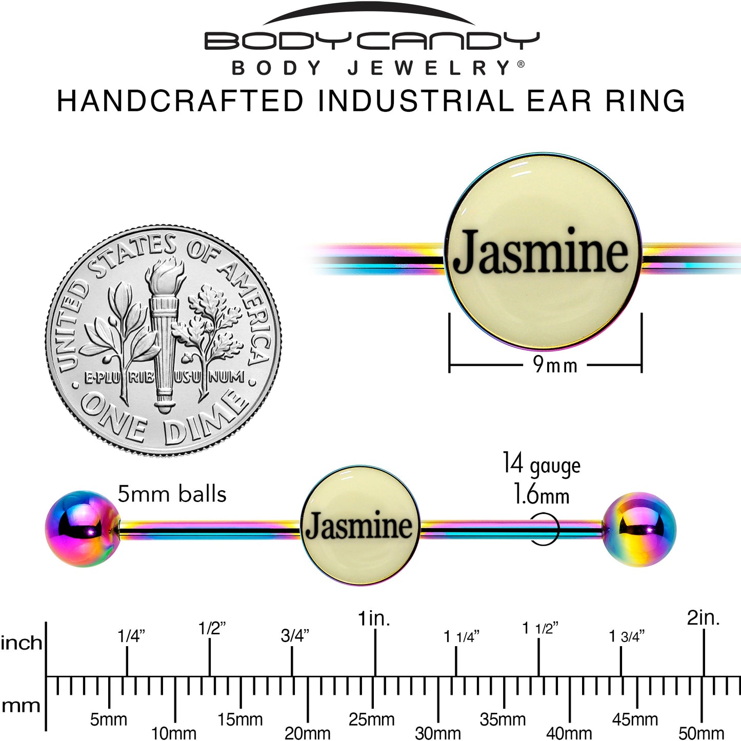 Custom Glow in the Dark Personalized Industrial Barbell in Rainbow Titanium