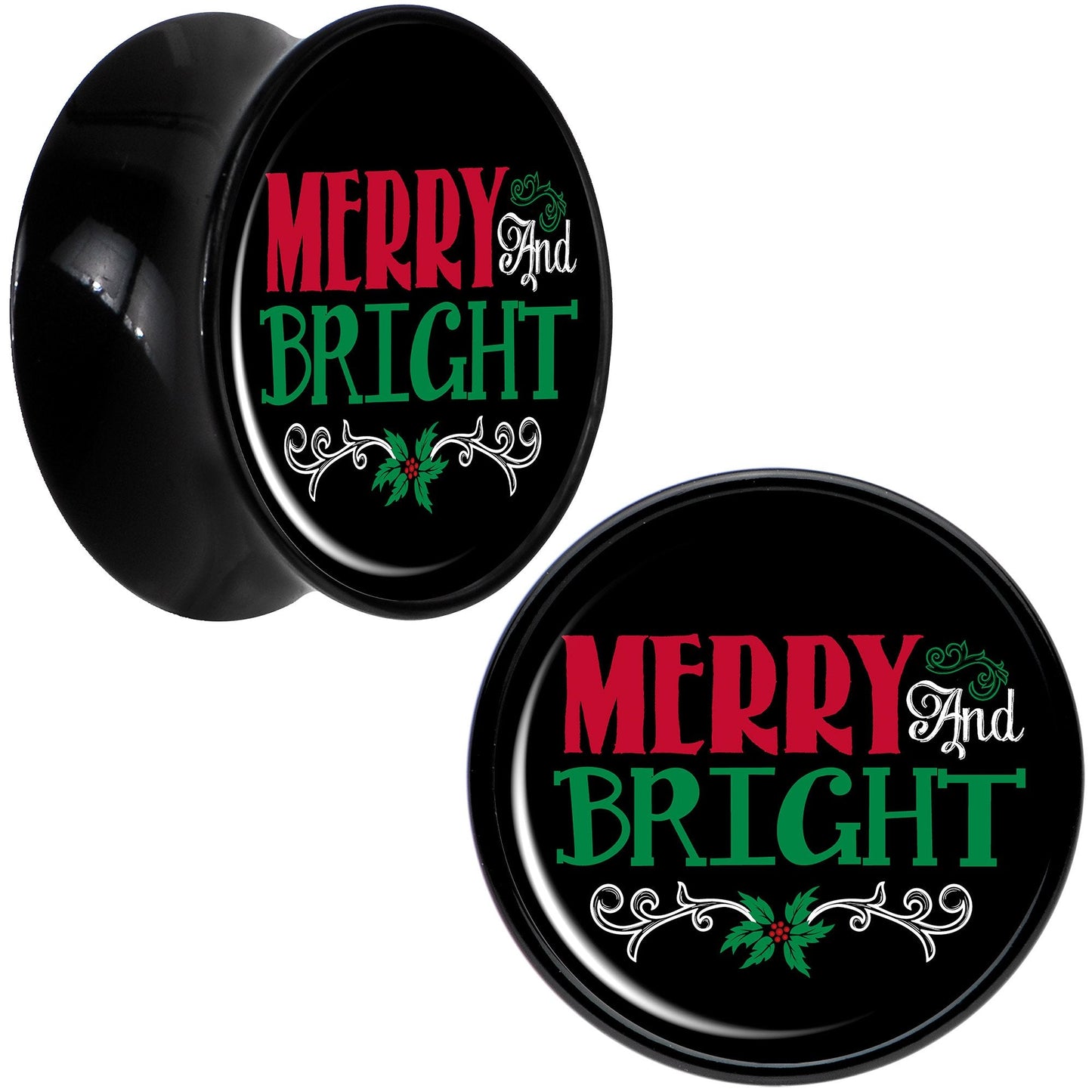 Christmas Merry and Bright Black Acrylic Saddle Plug Set Sizes 8mm to 20mm