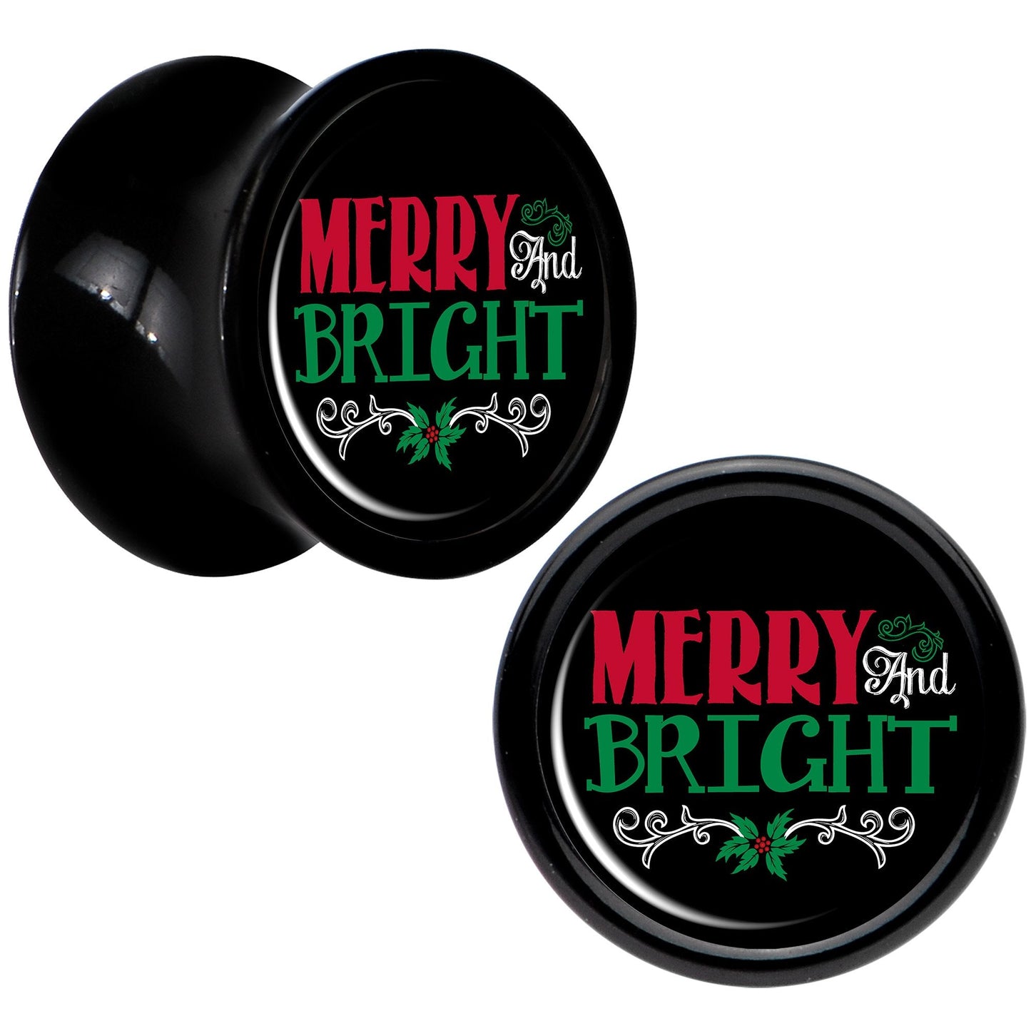 Christmas Merry and Bright Black Acrylic Saddle Plug Set Sizes 8mm to 20mm