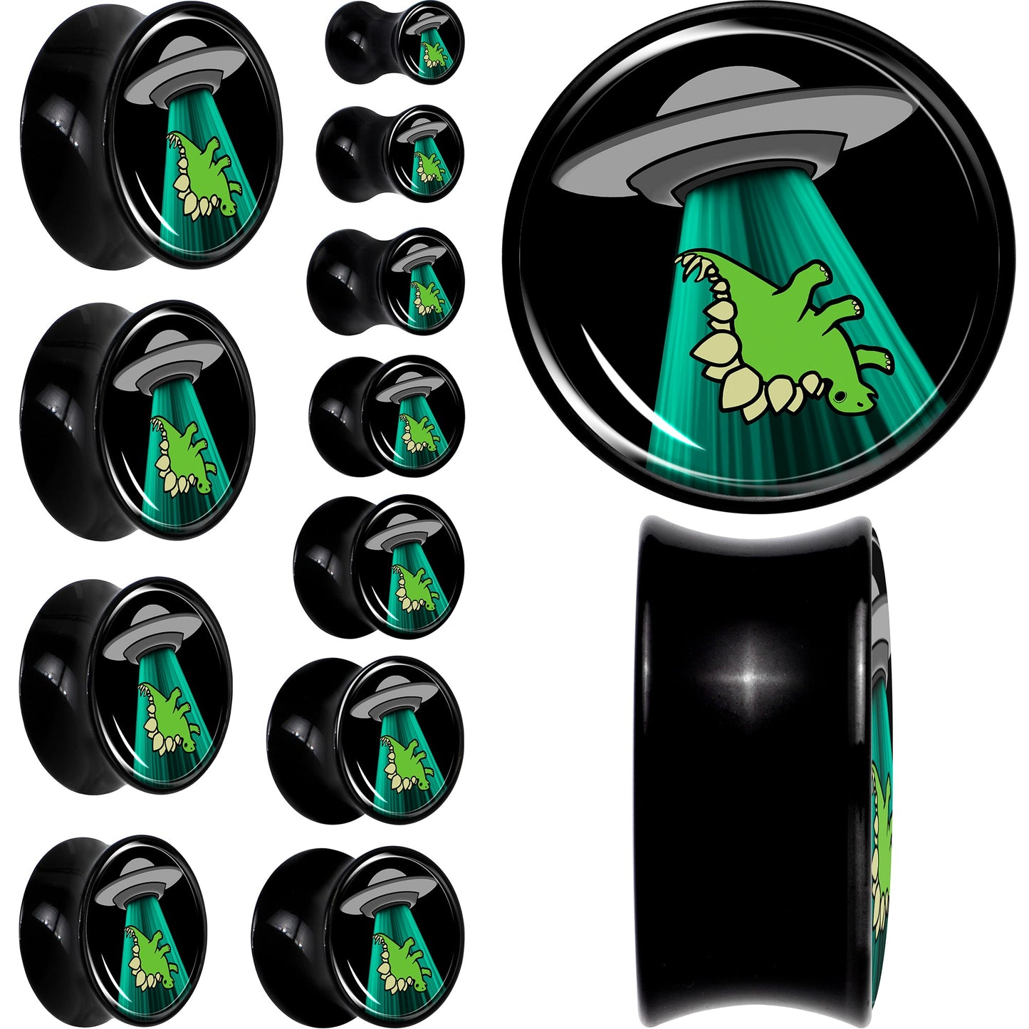 Black Acrylic Alien UFO Dinosaur Abduction Double Flare Plug Set by Onyx O