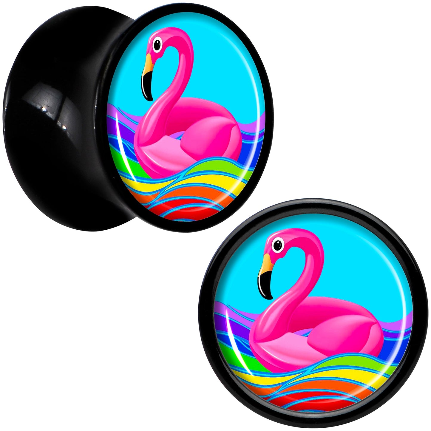 Black Acrylic Rainbow Sea Floating Flamingo Double Flare Plug Set by Onyx O