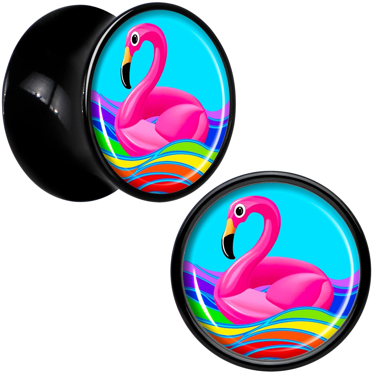 Black Acrylic Rainbow Sea Floating Flamingo Double Flare Plug Set by Onyx O