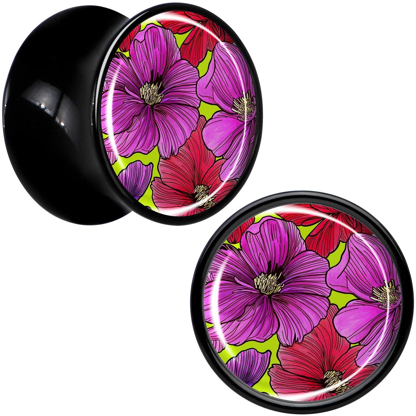 Blossom Creation Tropical Floral Flowers Black Acrylic Saddle Plug Set by Onyx O