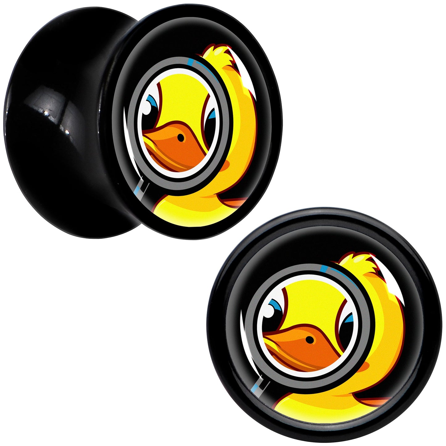 Magnified Yellow Duck Black Acrylic Saddle Plug Set 8mm to 20mm by Onyx O