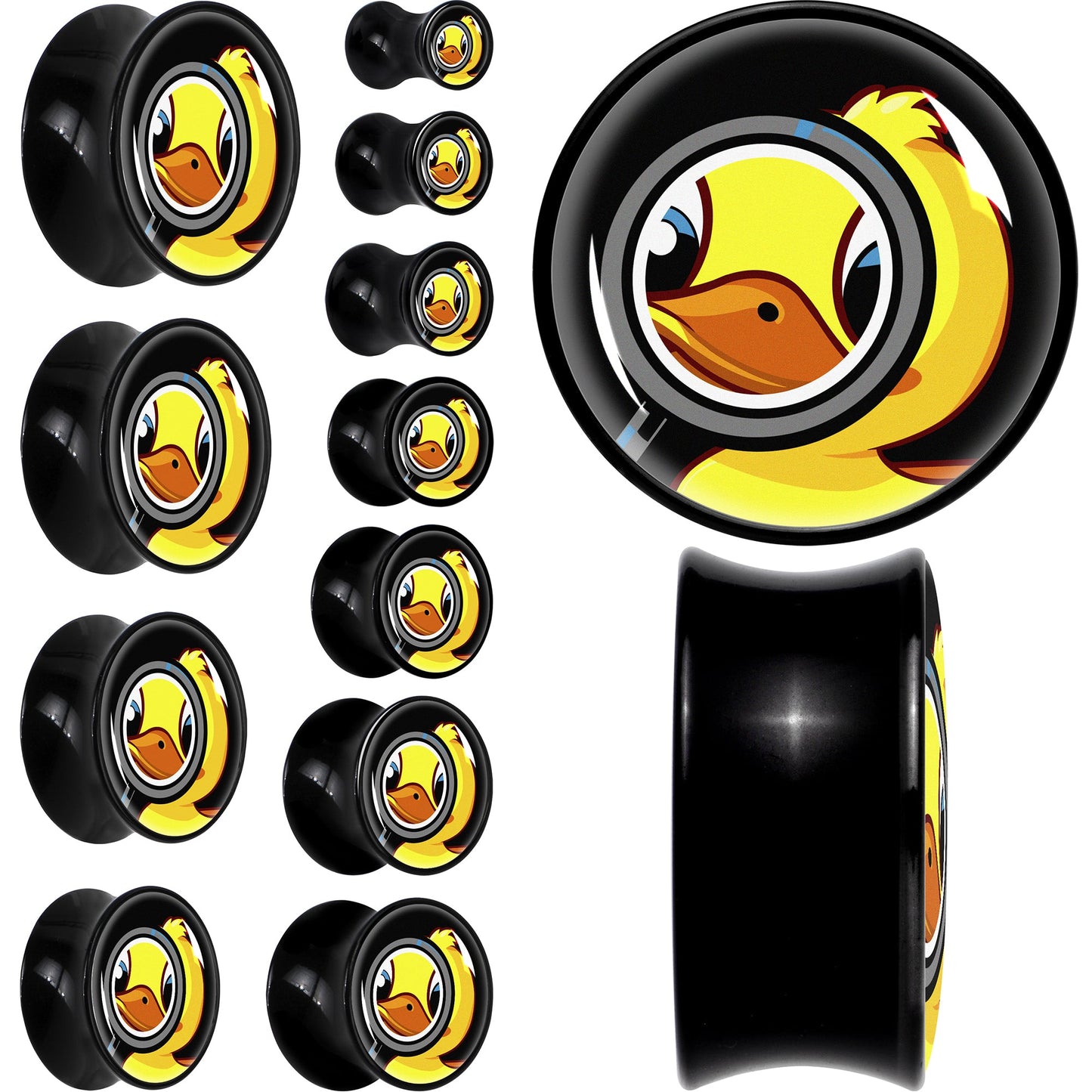 Magnified Yellow Duck Black Acrylic Saddle Plug Set 8mm to 20mm by Onyx O