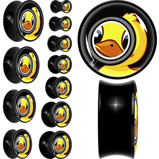 Magnified Yellow Duck Black Acrylic Saddle Plug Set 8mm to 20mm by Onyx O