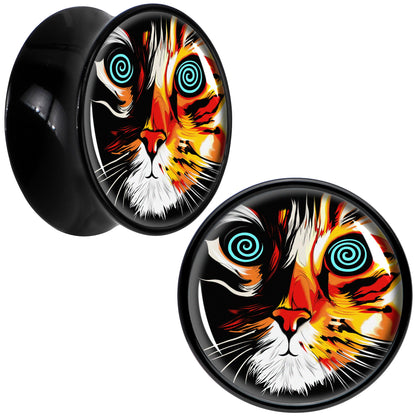 Colorful Trippy Cat Black Acrylic Saddle Plug Set 8mm to 20mm by Onyx O