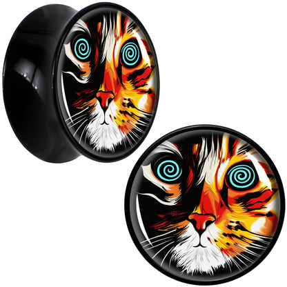 Colorful Trippy Cat Black Acrylic Saddle Plug Set 8mm to 20mm by Onyx O