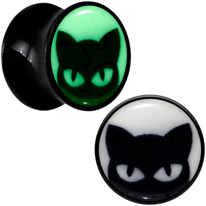 Black Acrylic Glow in the Dark Peeking Cat Double Flare Plug Set by Onyx O