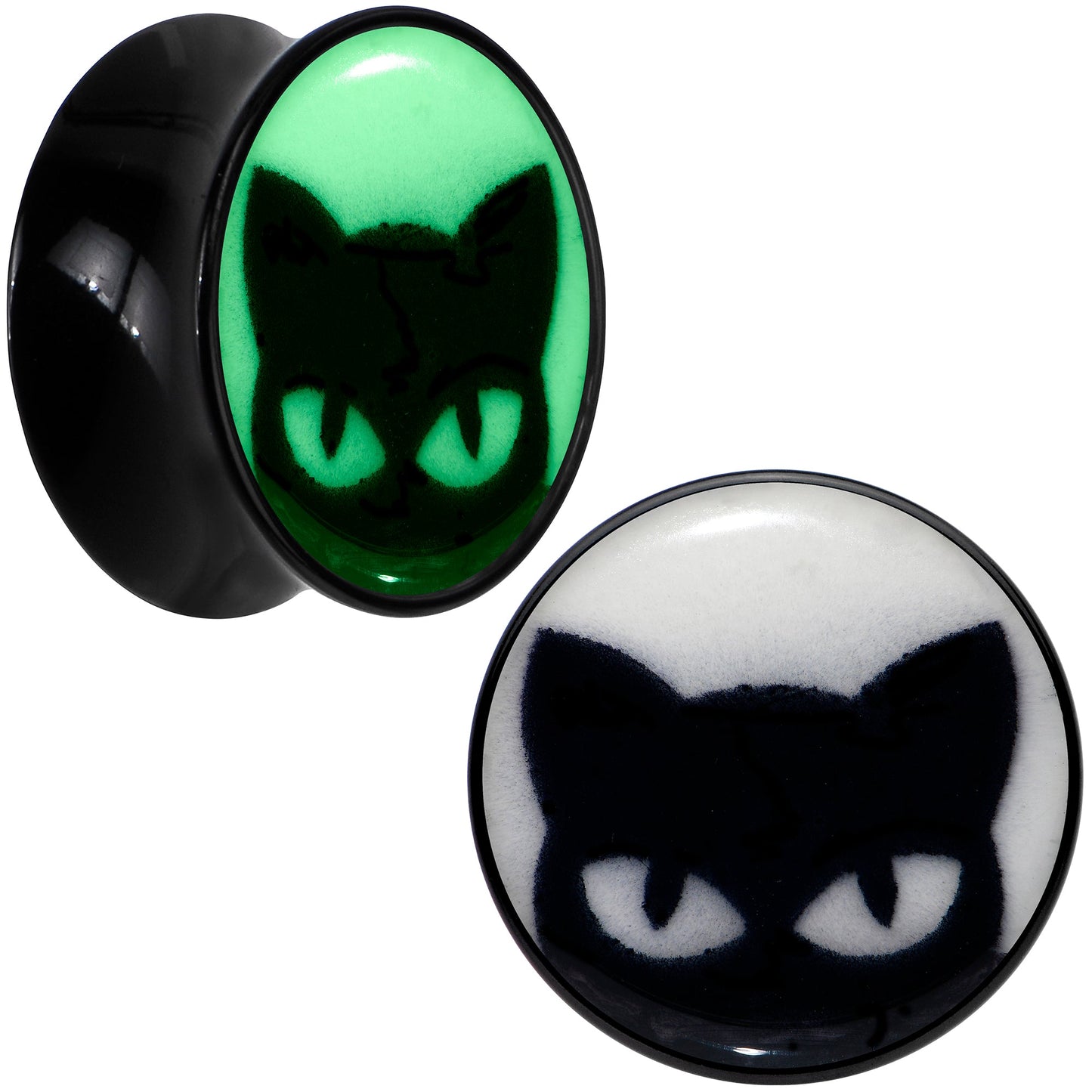 Black Acrylic Glow in the Dark Peeking Cat Double Flare Plug Set by Onyx O