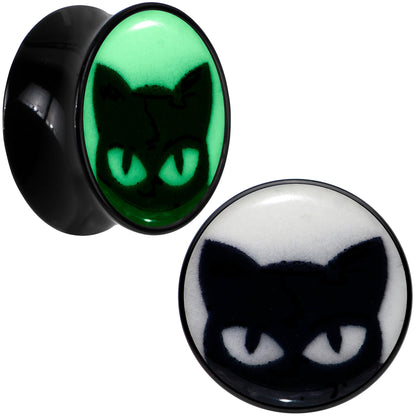 Black Acrylic Glow in the Dark Peeking Cat Double Flare Plug Set by Onyx O