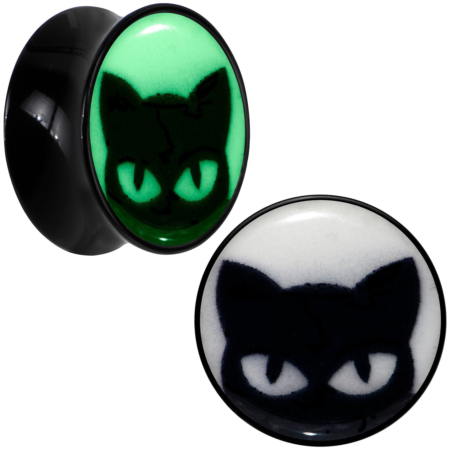 Black Acrylic Glow in the Dark Peeking Cat Double Flare Plug Set by Onyx O