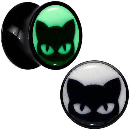 Black Acrylic Glow in the Dark Peeking Cat Double Flare Plug Set by Onyx O