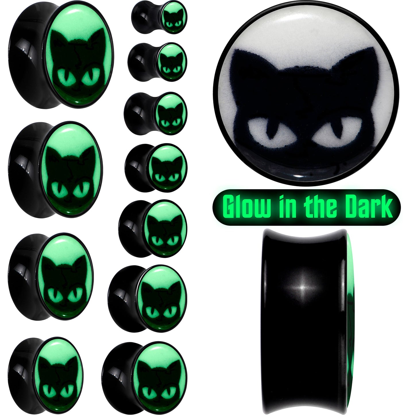 Black Acrylic Glow in the Dark Peeking Cat Double Flare Plug Set by Onyx O