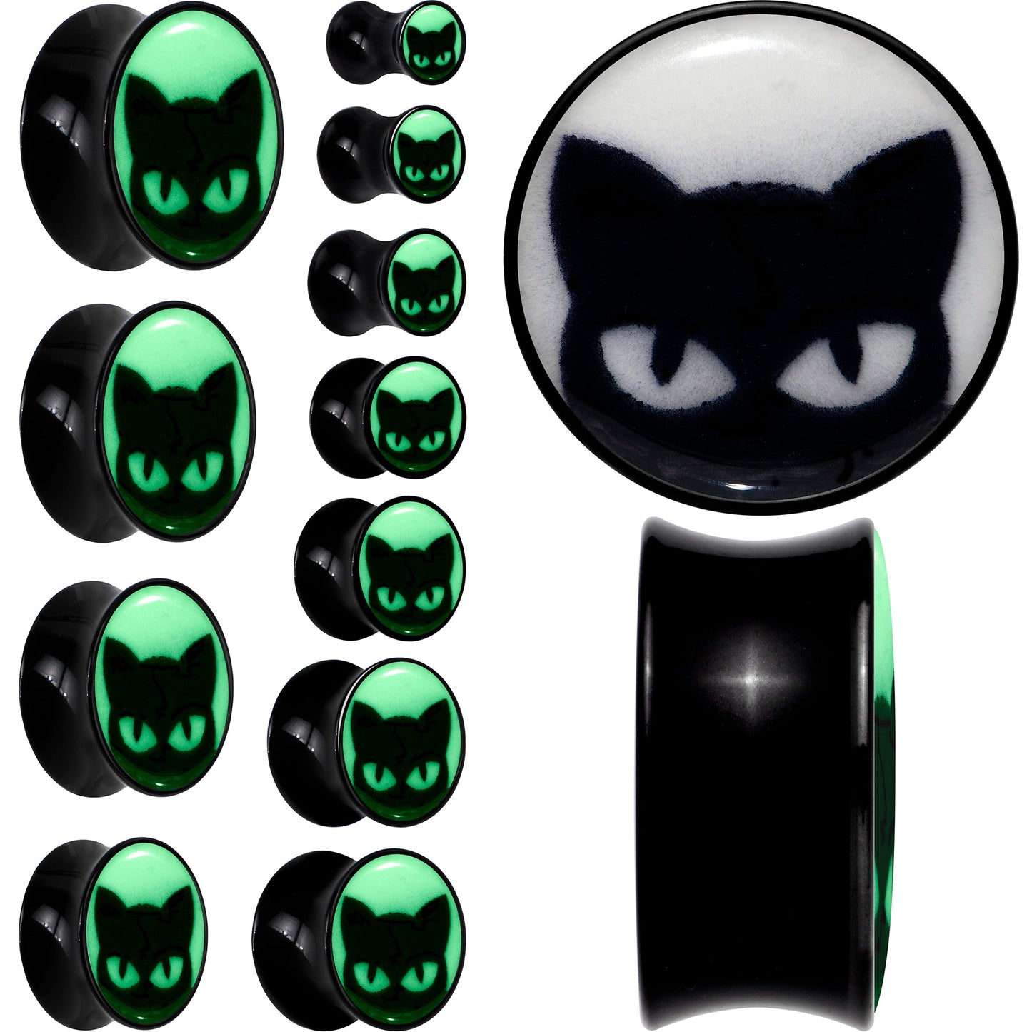 Black Acrylic Glow in the Dark Peeking Cat Double Flare Plug Set by Onyx O