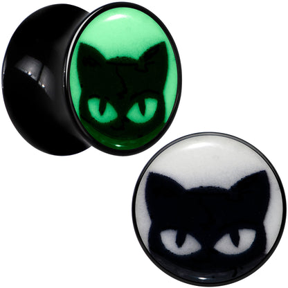 Black Acrylic Glow in the Dark Peeking Cat Double Flare Plug Set by Onyx O