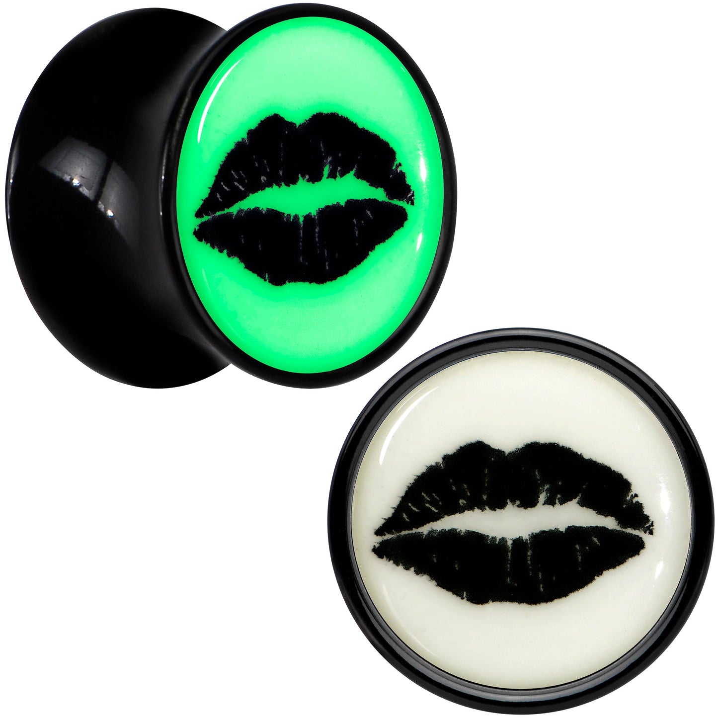 Black Acrylic Lipstick Kiss Glow in Dark Double Flare Plug Set by Onyx O