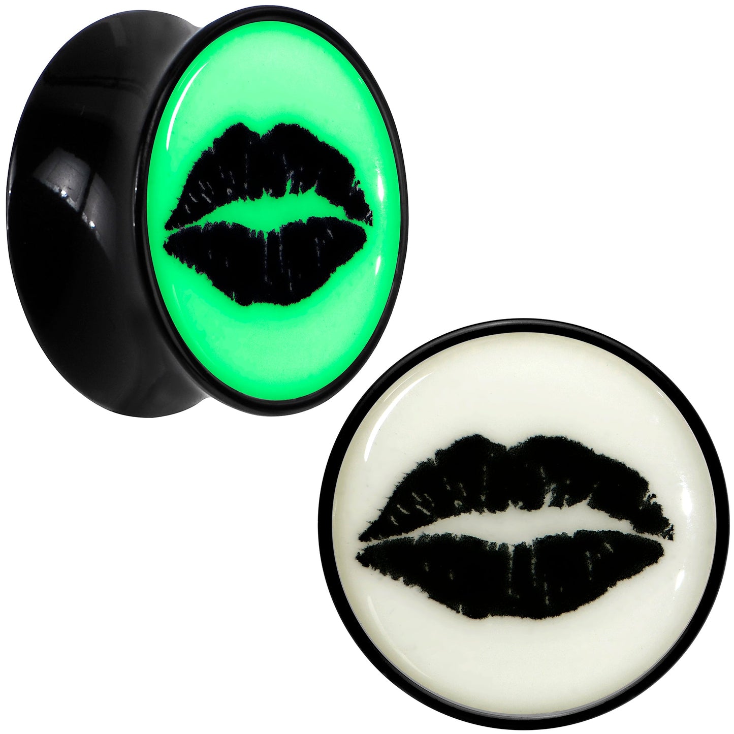 Black Acrylic Lipstick Kiss Glow in Dark Double Flare Plug Set by Onyx O
