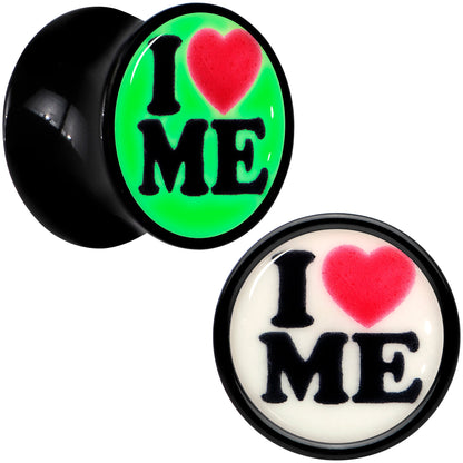 Black Acrylic I Love Me Glow in the Dark Double Flare Plug Set by Onyx O