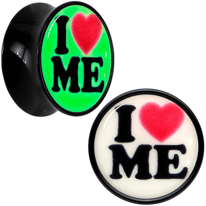 Black Acrylic I Love Me Glow in the Dark Double Flare Plug Set by Onyx O