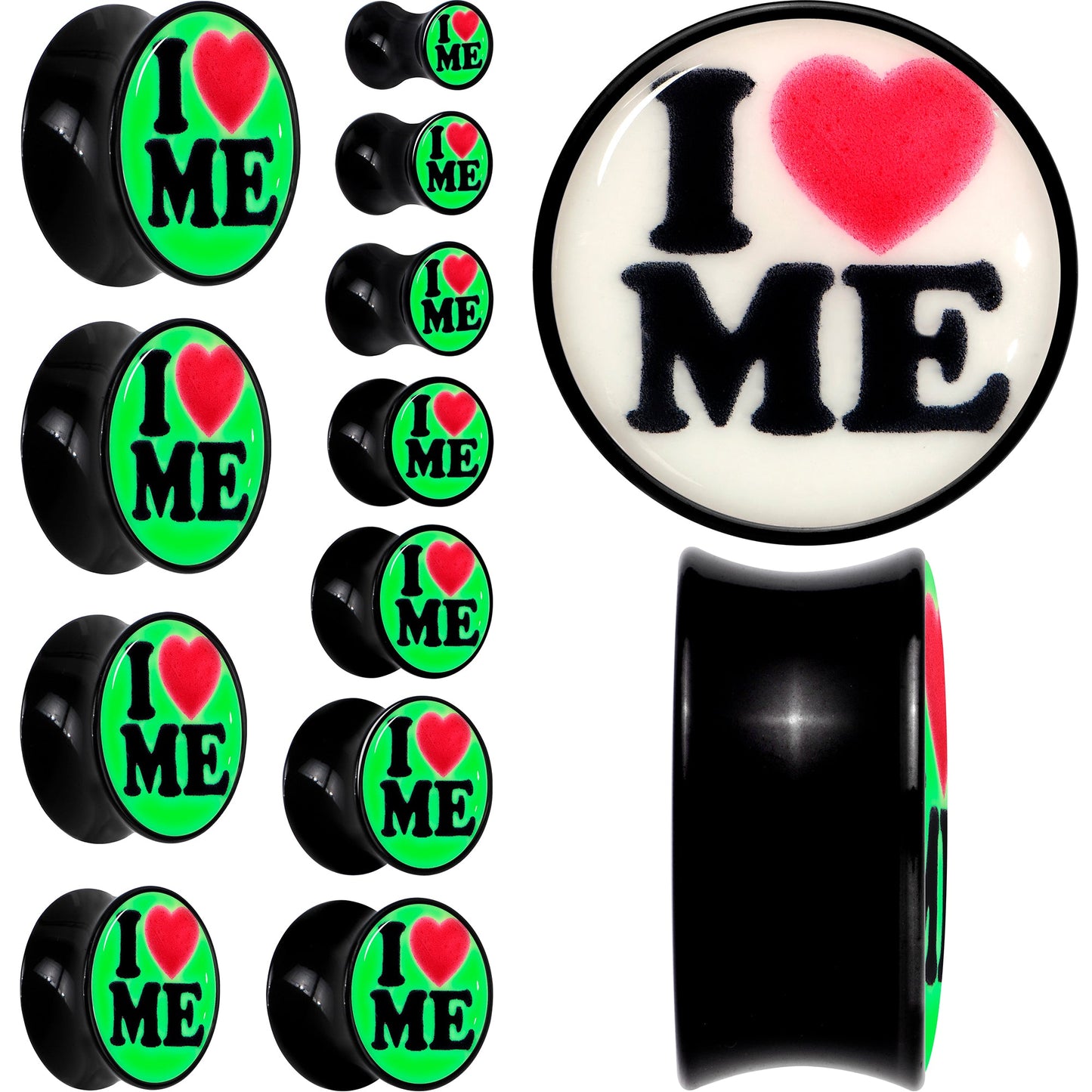Black Acrylic I Love Me Glow in the Dark Double Flare Plug Set by Onyx O
