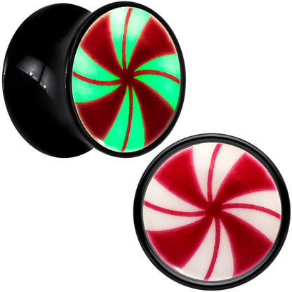 Black Acrylic Peppermint Candy Glow in Dark Double Flare Plug Set by Onyx O