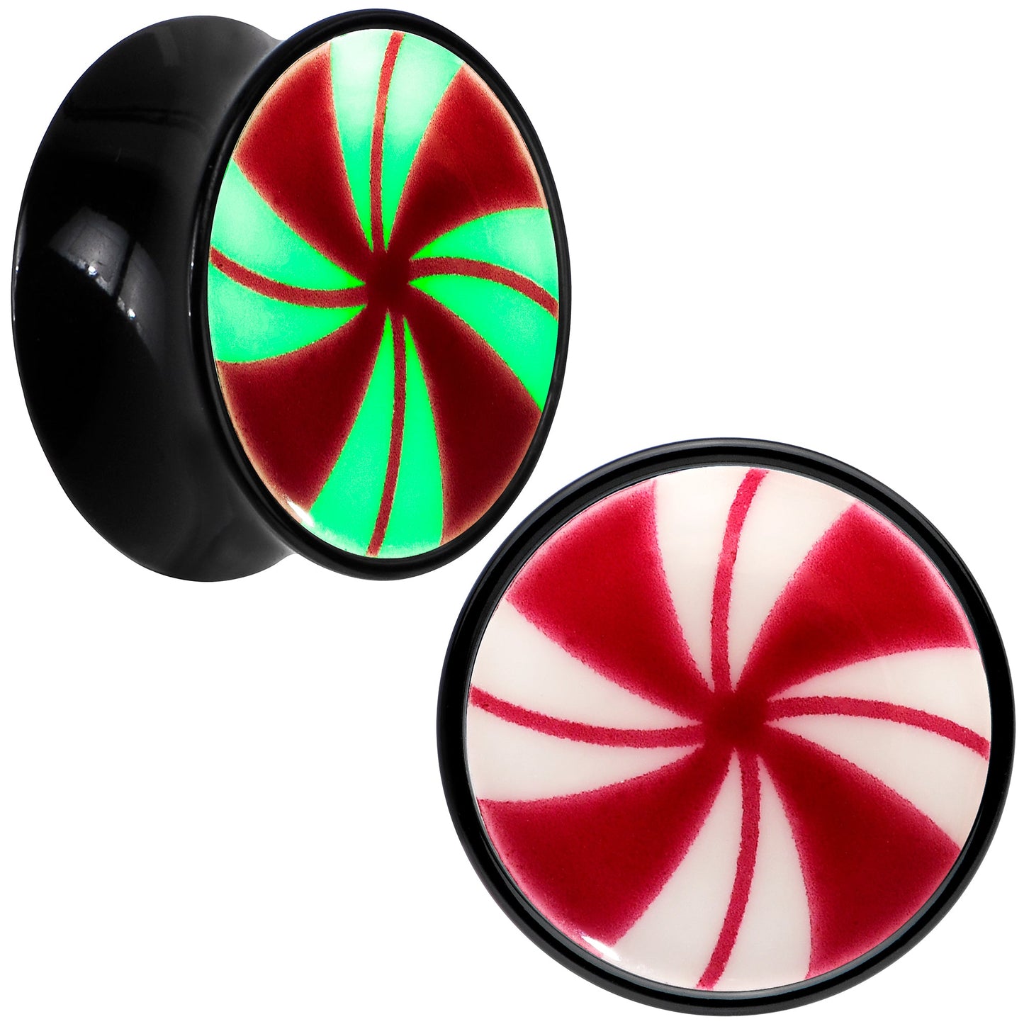 Black Acrylic Peppermint Candy Glow in Dark Double Flare Plug Set by Onyx O