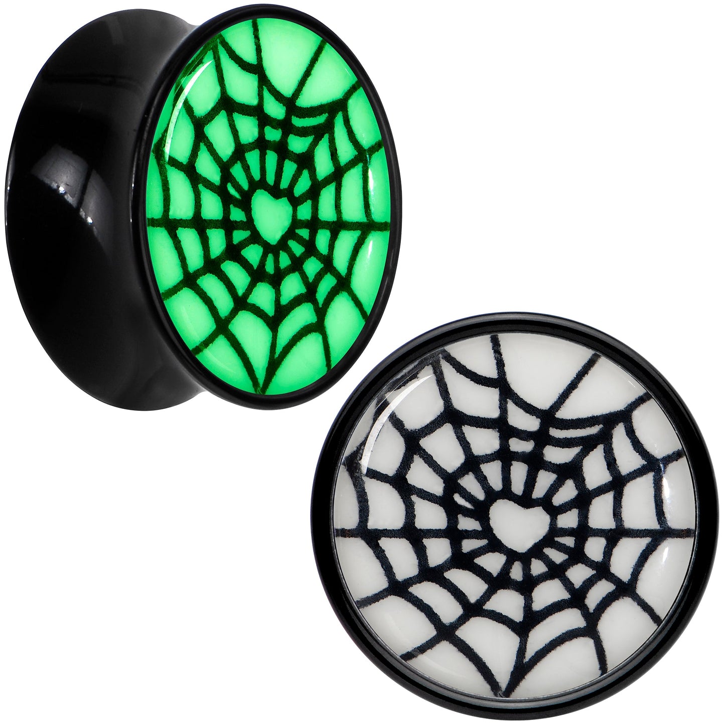 Black Acrylic Heart Spider Web Glow in the Dark Double Flare Plug Set by Onyx O