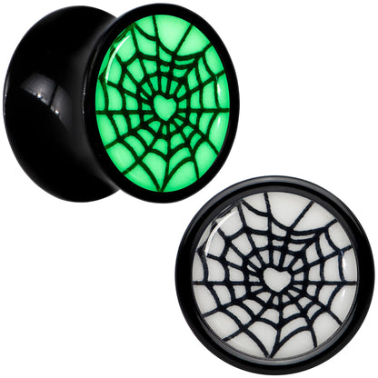 Black Acrylic Heart Spider Web Glow in the Dark Double Flare Plug Set by Onyx O