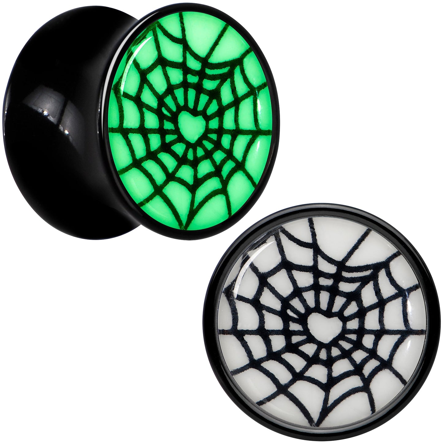 Black Acrylic Heart Spider Web Glow in the Dark Double Flare Plug Set by Onyx O