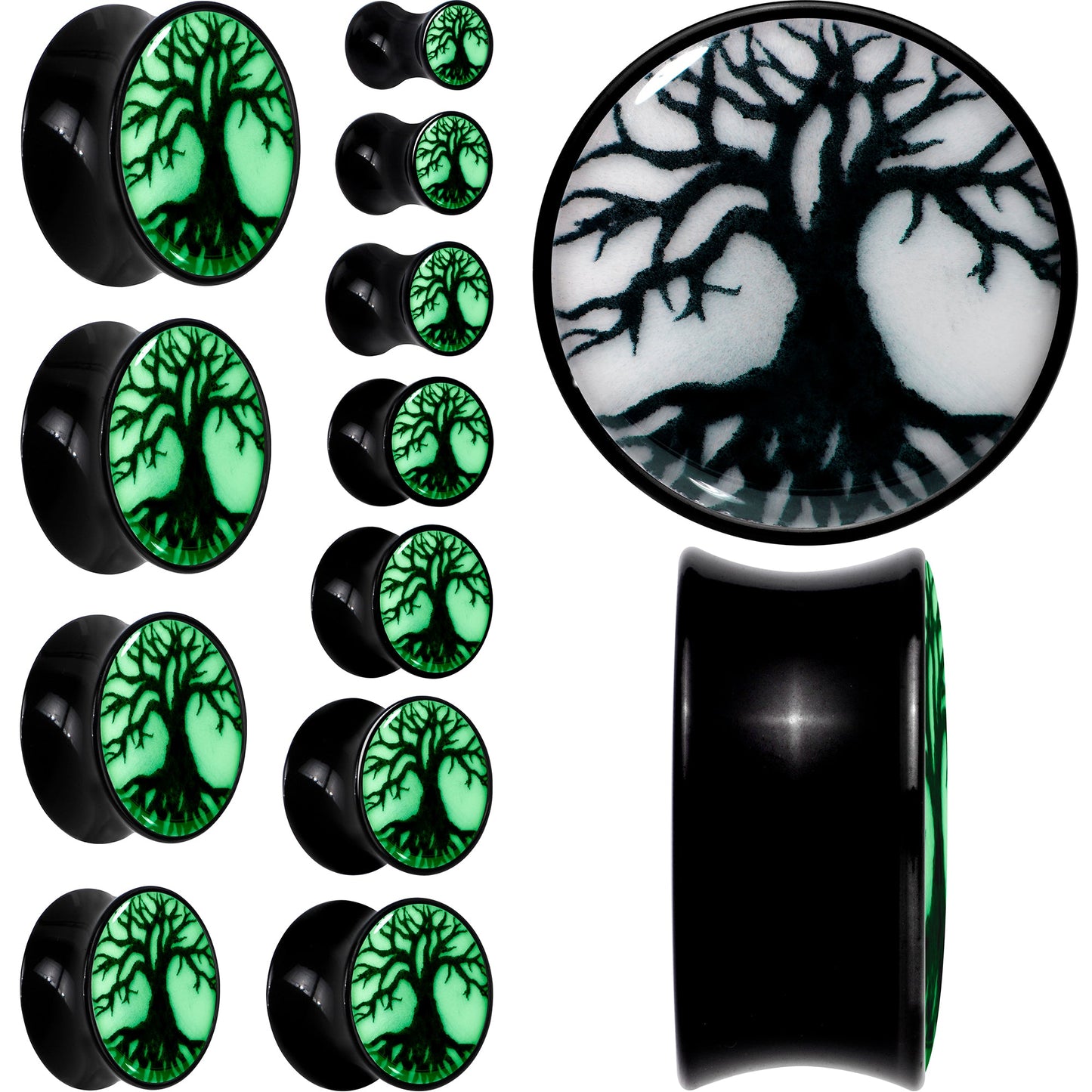 Black Acrylic Tree Of Life Glow in the Dark Double Flare Plug Set by Onyx O