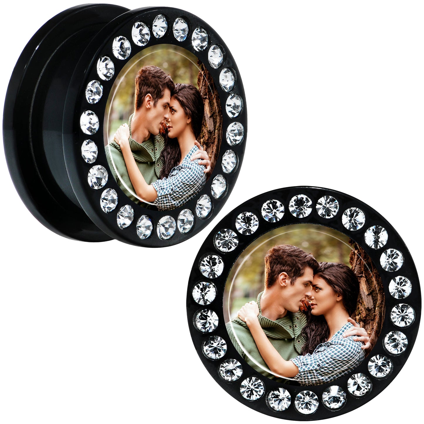 Black Acrylic Custom Photo Gem Screw Fit Plug - buy 2 for a pair