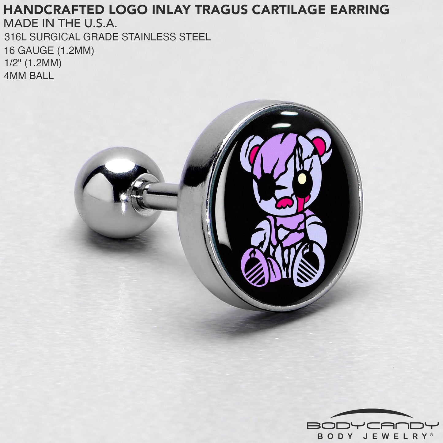 16G 1/4 Attitude Teddy Bear Tragus Cartilage Earring by Onyx O