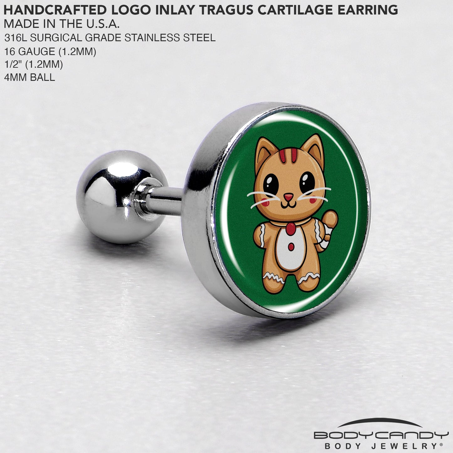 Christmas Holiday Gingerbrread Kitty Cat Tragus Cartilage Earring by Onyx O