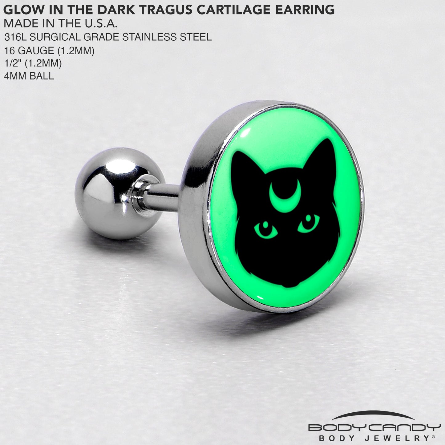 16G 1/4 Glow in the Dark Mystic Kitty Cat Tragus Cartilage Earring by Onyx O