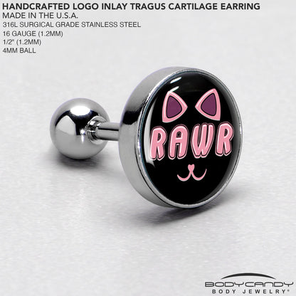 16G 1/4 RAWR Kittly Cat Tragus Cartilage Earring by Onyx O