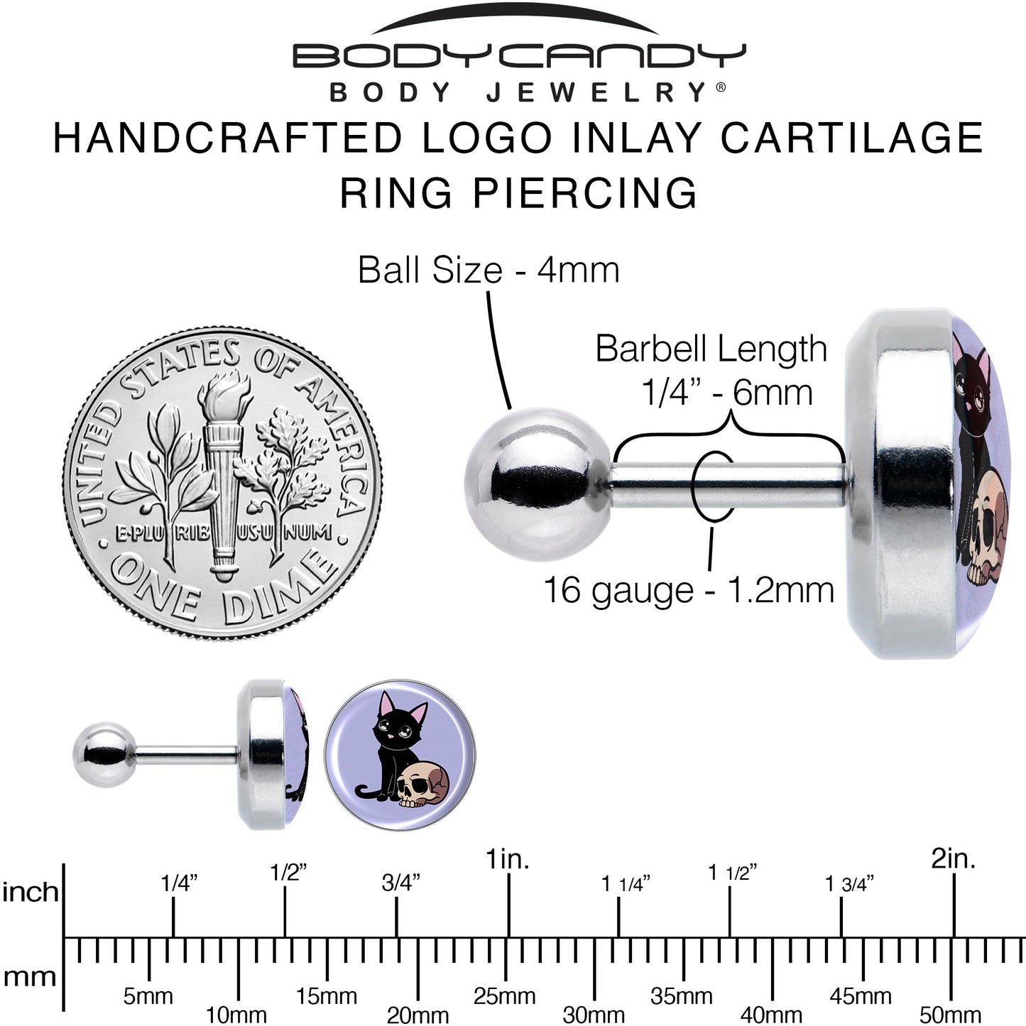 16G 1/4 Skull Cat Tragus Cartilage Earring by Onyx O