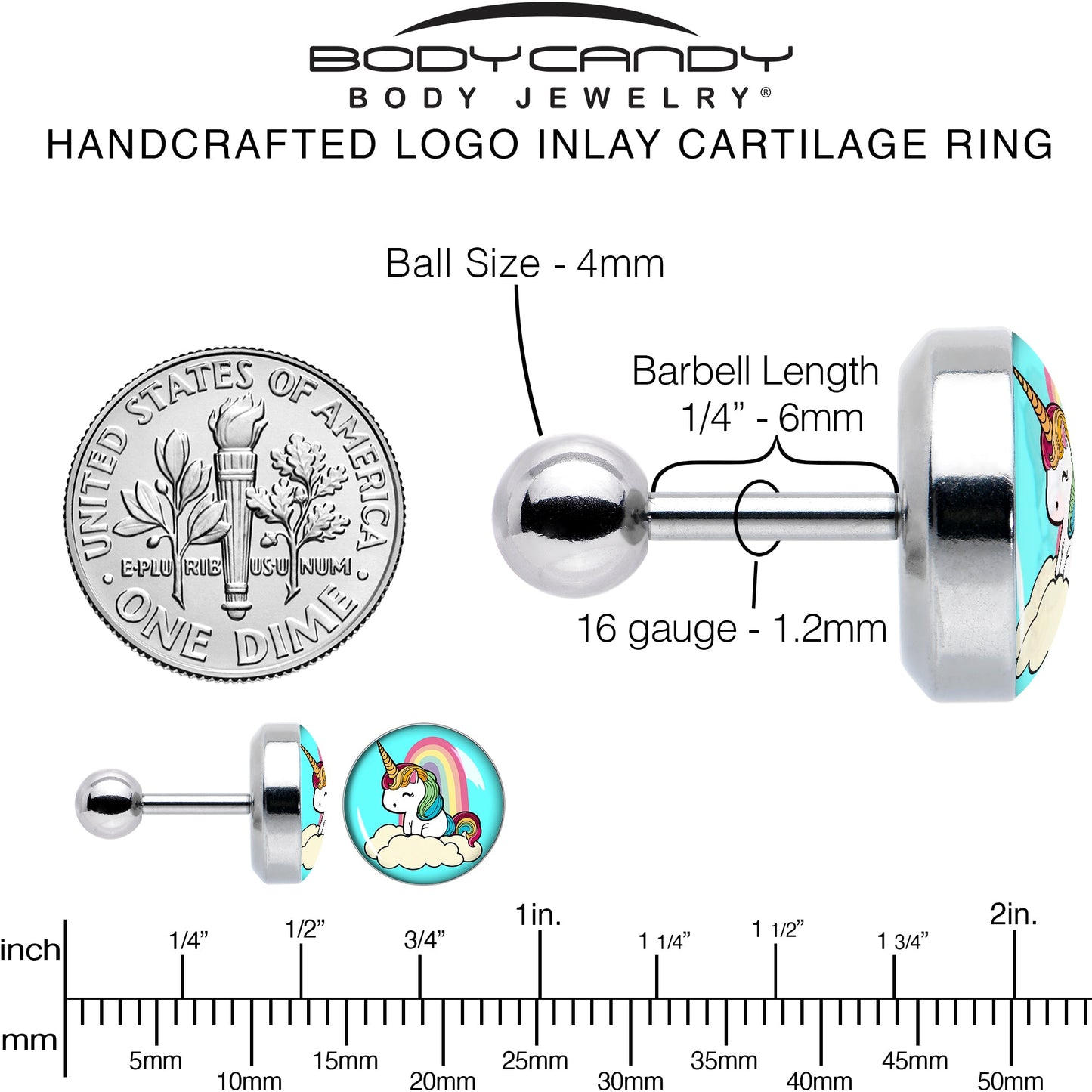 16G 1/4 Rainbow Unicorn Cartilage Tragus Earring by Onyx O