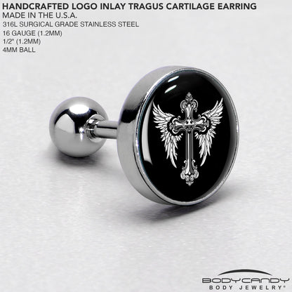 16G 1/4 Black White Winged Cross Tragus Cartilage Earring by Onyx O