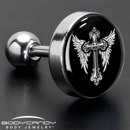 16G 1/4 Black White Winged Cross Tragus Cartilage Earring by Onyx O