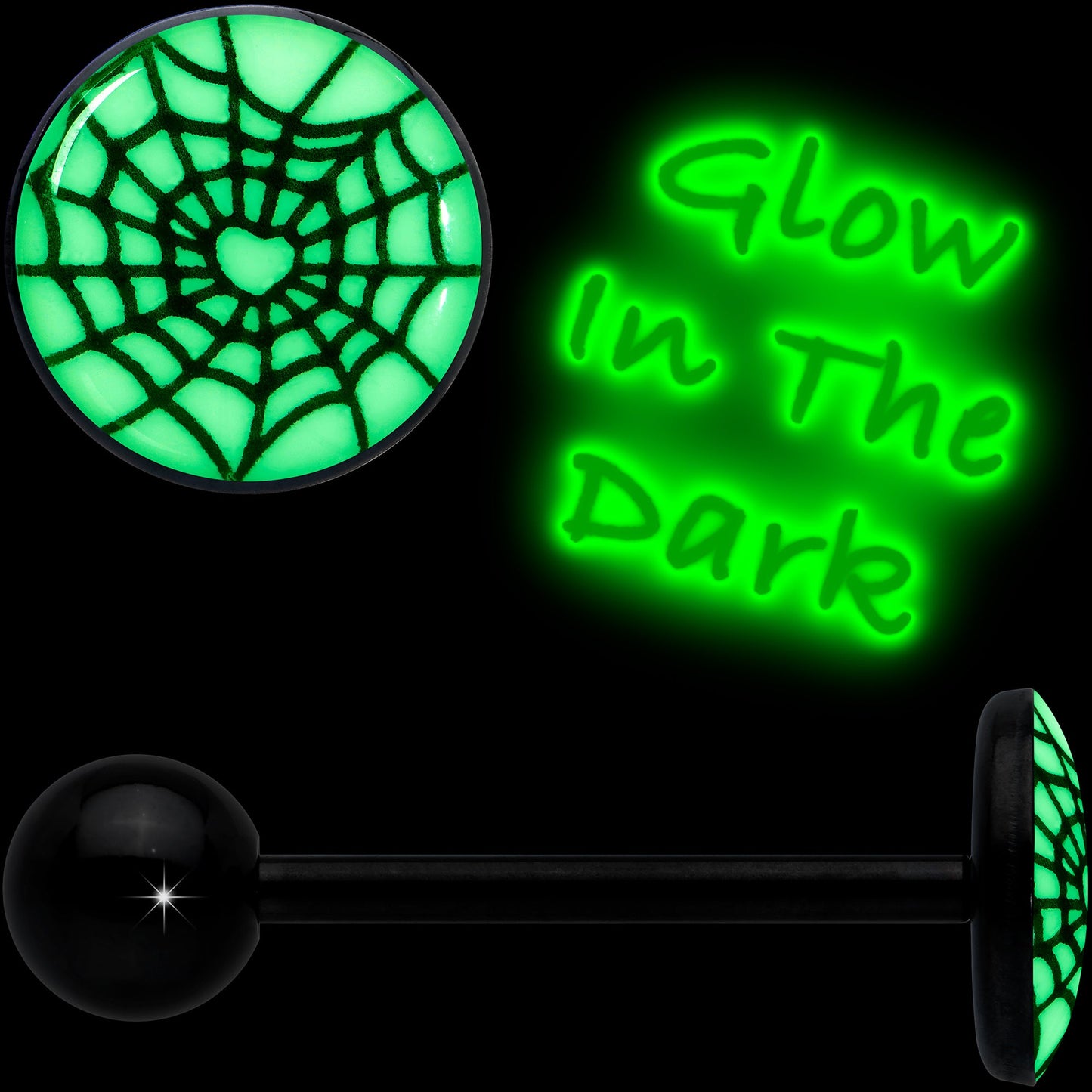 Black Glow in the Dark Heart Spider Web Barbell Tongue Ring by Onyx O
