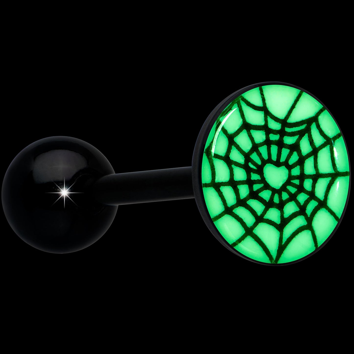 Black Glow in the Dark Heart Spider Web Barbell Tongue Ring by Onyx O